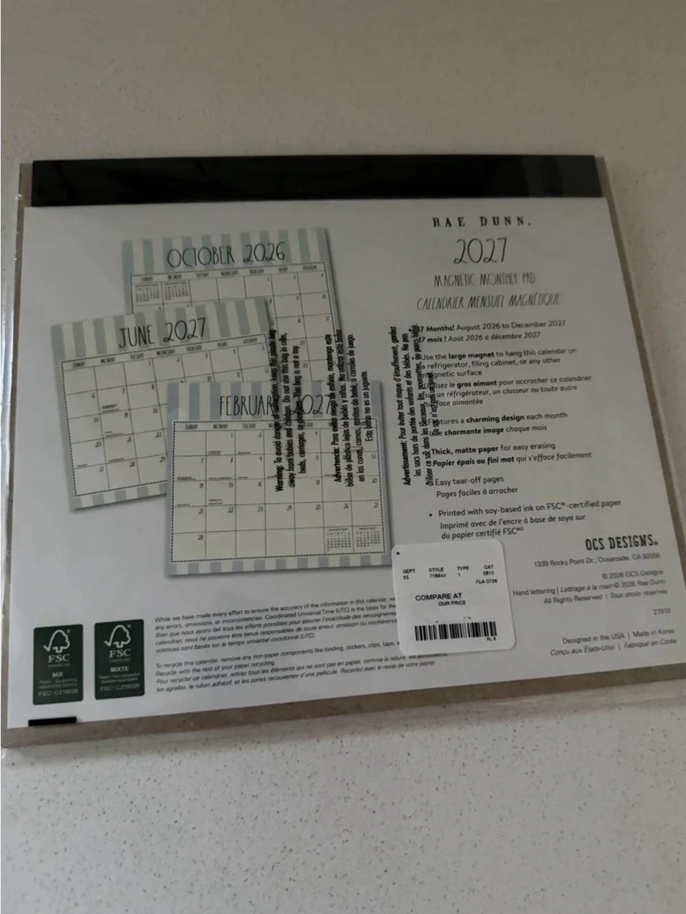 Rae Dunn 17-month 2026- 2027 Magnetic Monthly Pad Calendar Blue Striped 9.5x8.5”